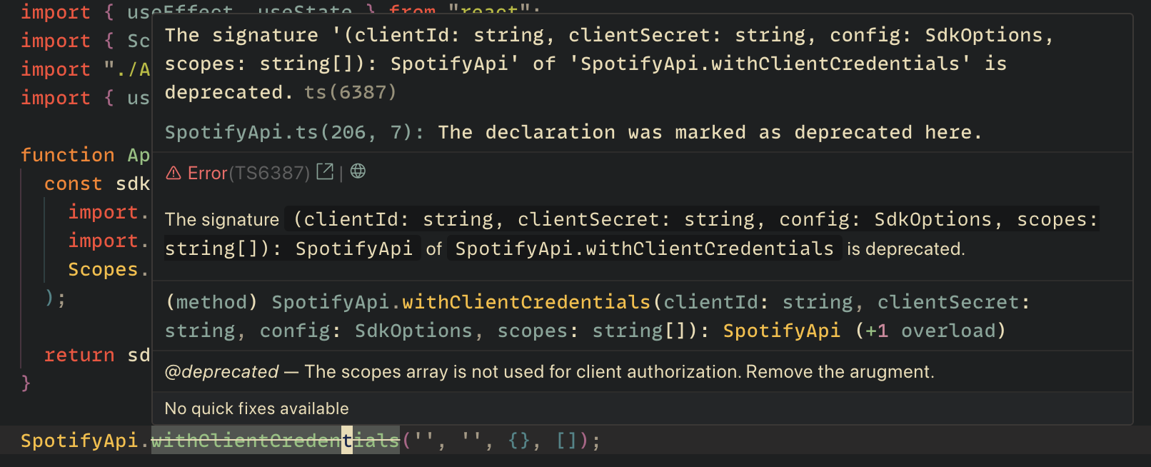 screenshot of tooltip in vs code showing deprecated method argument